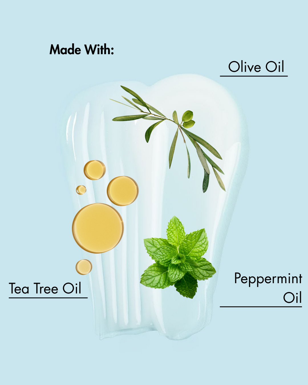 Producto con aceite de oliva, aceite del árbol del té y aceite de menta etiquetado sobre fondo azul claro.
