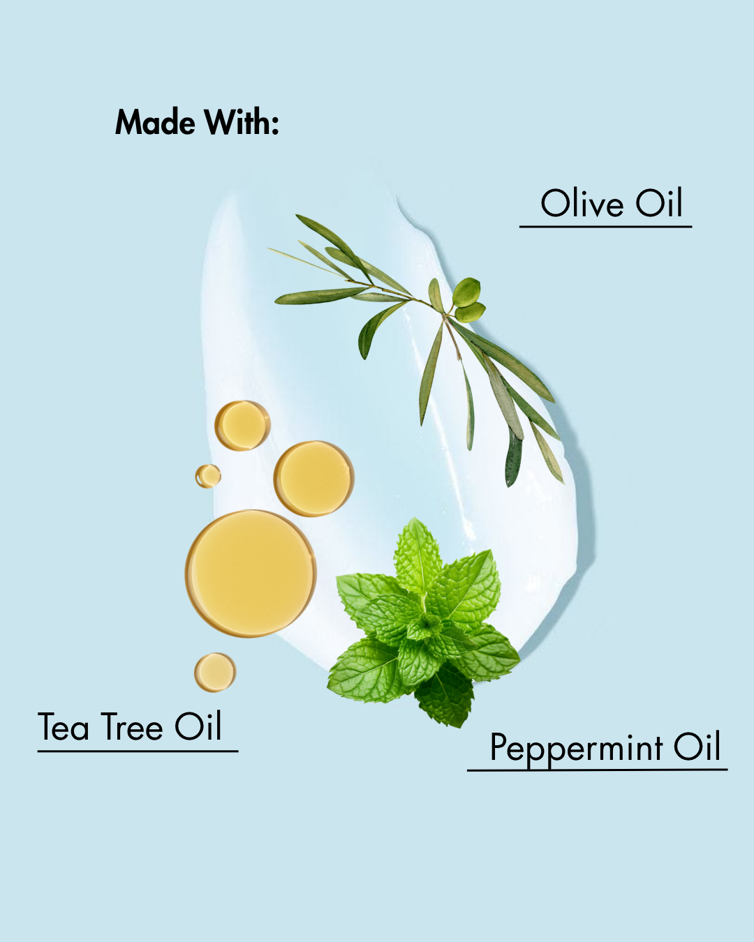 Ingredientes utilizados en un producto sobre fondo azul claro con aceite de oliva, aceite del árbol del té y aceite de menta.
