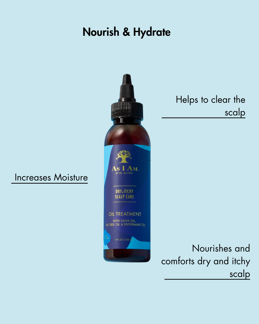 Botella de As I Am Scalp Care Oil Treatment sobre fondo azul claro con texto sobre sus beneficios.