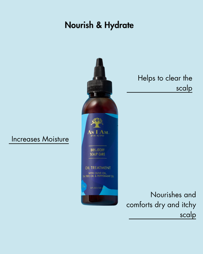 Botella de As I Am Scalp Care Oil Treatment sobre fondo azul claro con texto sobre sus beneficios.