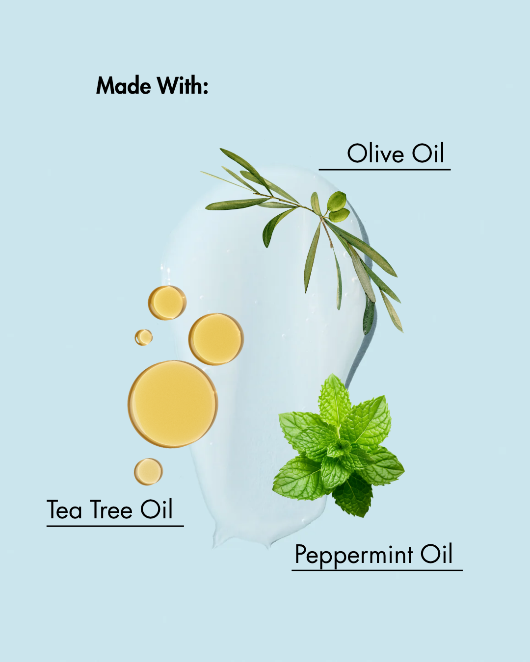 Ingredientes utilizados en un producto sobre fondo azul claro con aceite de oliva, aceite del árbol del té y aceite de menta.