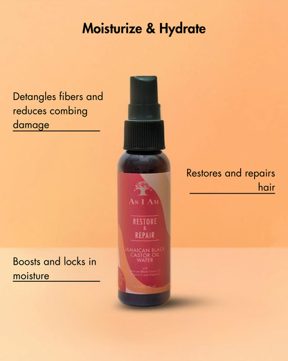 Botella de As I Am Restore & Repair Jamaican Black Castor Oil Water sobre fondo degradado
