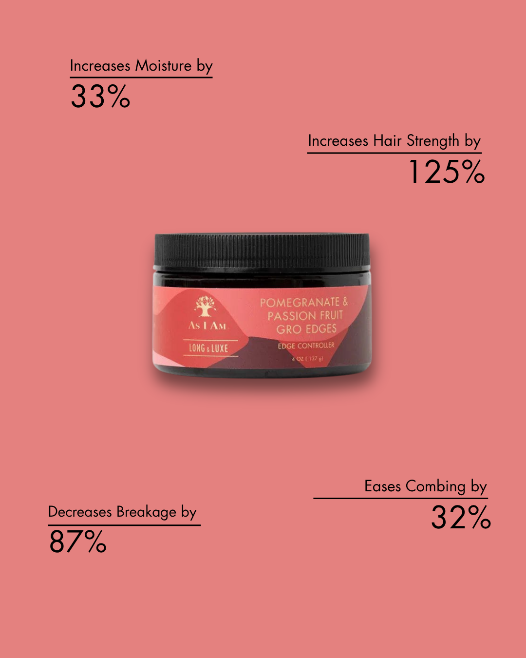 Tarro de producto capilar con una lista de beneficios sobre fondo rosa