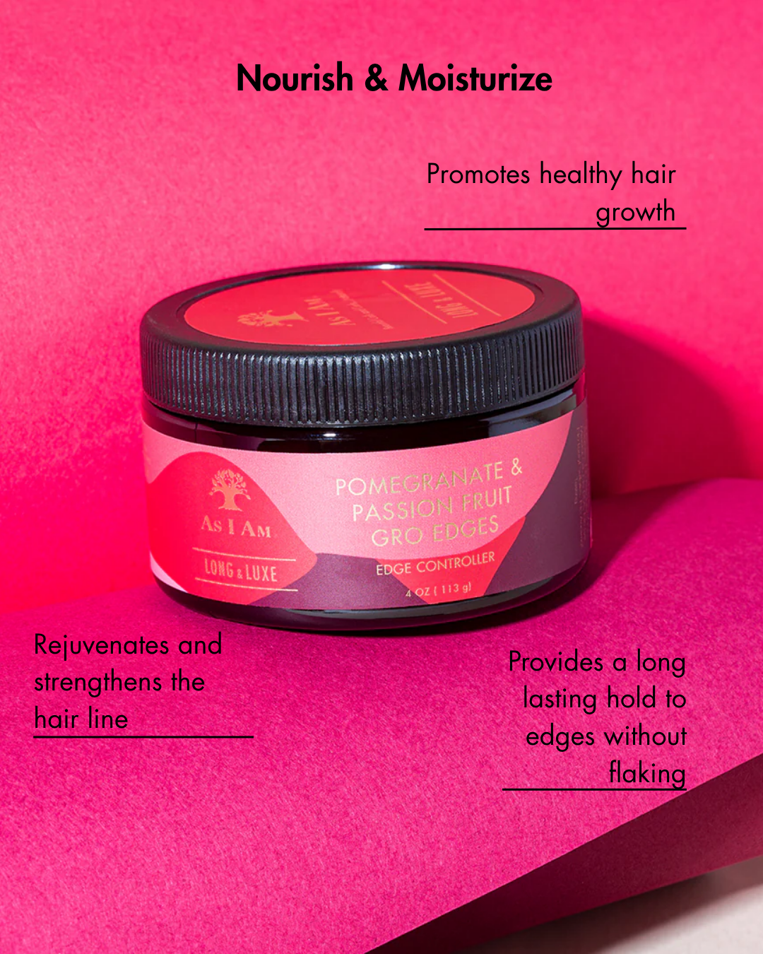 Tarro de producto para el cabello con texto sobre fondo rosa