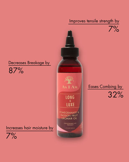 Botella de producto capilar "As I Am Long & Luxe" con texto sobre fondo rosa