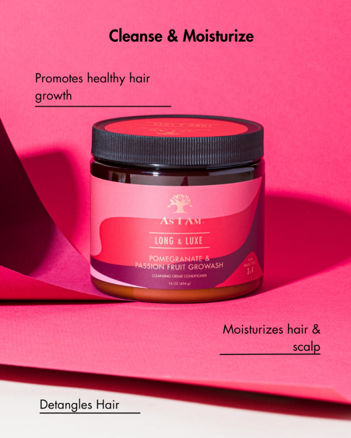 Tarro de producto para el cuidado del cabello con fondo rosa y texto sobre sus beneficios