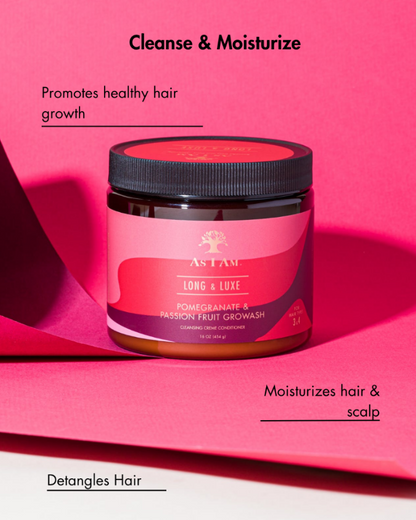 Tarro de producto para el cuidado del cabello con fondo rosa y texto sobre sus beneficios