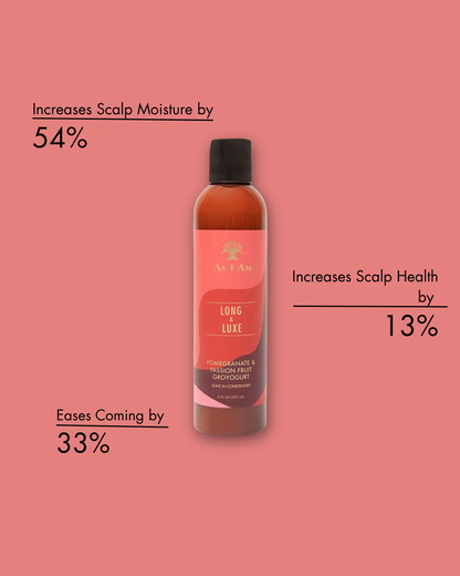 Frasco de champú con texto sobre fondo rosa