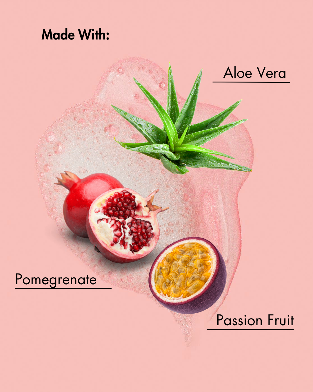 Ingredientes utilizados en un producto sobre fondo rosa: Aloe Vera, Granada y Fruta de la Pasión.