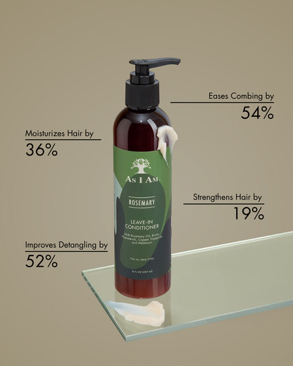 As I Am Rosemary Leave-In Conditioner botella con beneficios de uso sobre un fondo beige