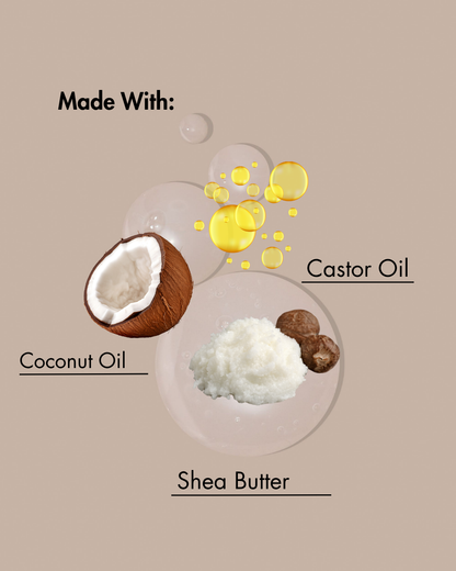 Ilustración de aceite de coco, aceite de ricino y manteca de karité con etiquetas sobre fondo beige.