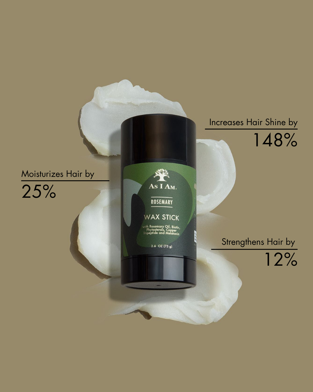 Barra de cera con texto que destaca los beneficios del cuidado del cabello sobre fondo beige