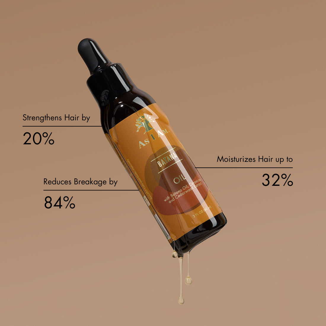 Frasco cuentagotas para aceite capilar con texto sobre fondo marrón