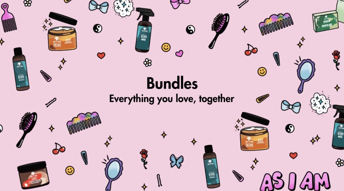 Fondo rosa con varios productos de belleza y la marca «AS I AM».