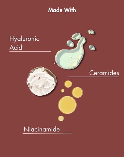 Ilustración de ingredientes para el cuidado de la piel, incluyendo ácido hialurónico, ceramidas y niacinamida, sobre un fondo marrón.