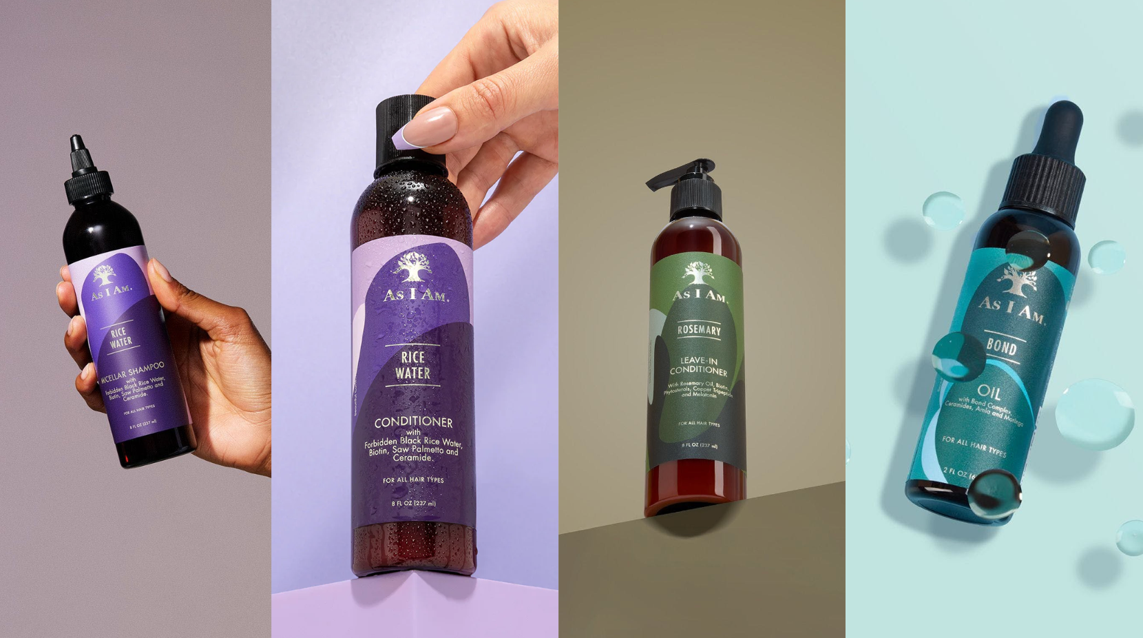 Colección de productos para el cuidado del cabello, incluyendo champú, acondicionador y aceite.