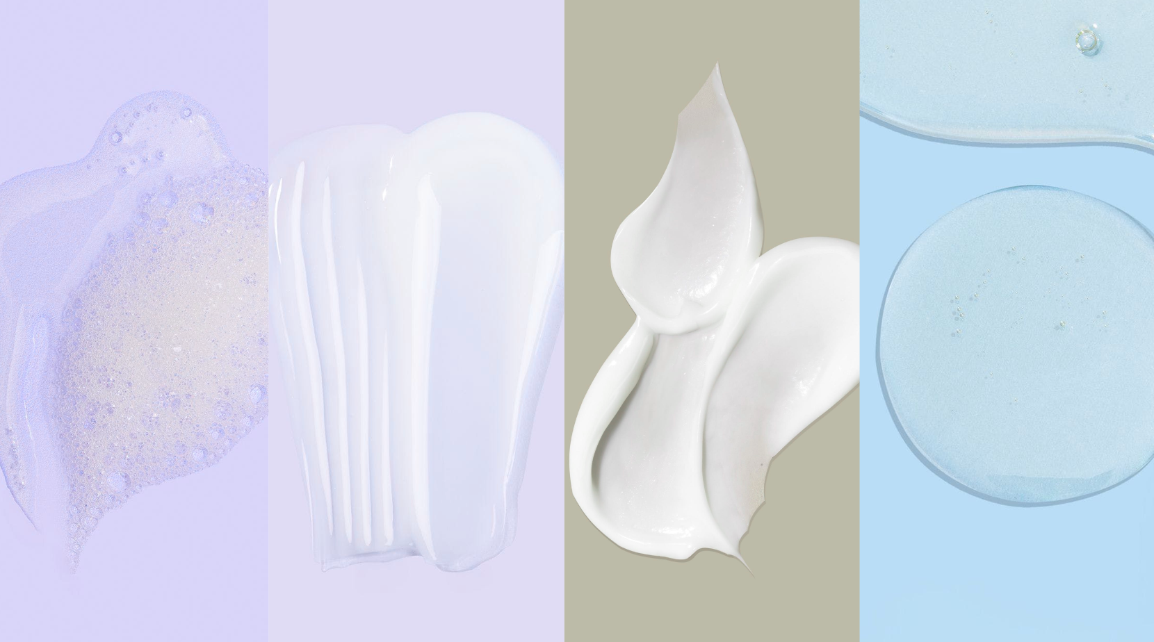 Primer plano de una crema o loción blanca sobre una superficie texturizada con un fondo morado claro.