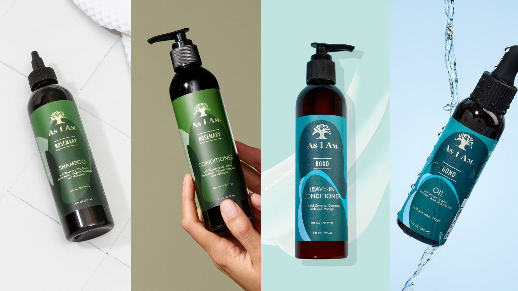 Conjunto de productos para el cuidado del cabello que incluye champú, acondicionador y aceite con la marca visible sobre un fondo neutro.