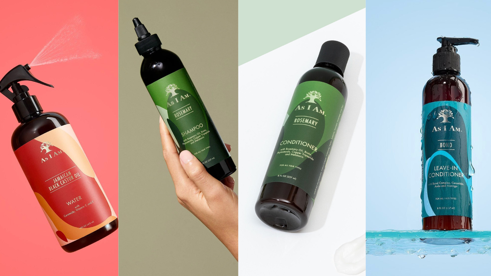 Colección de productos para el cuidado del cabello As I Am, que incluye un frasco con atomizador, champú, acondicionador y botella sobre un fondo colorido.