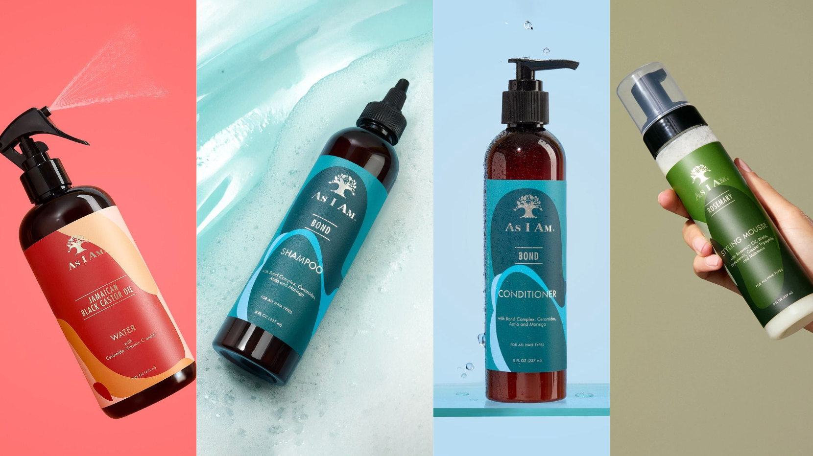 Colección de productos para el cuidado del cabello As I Am sobre un fondo colorido.