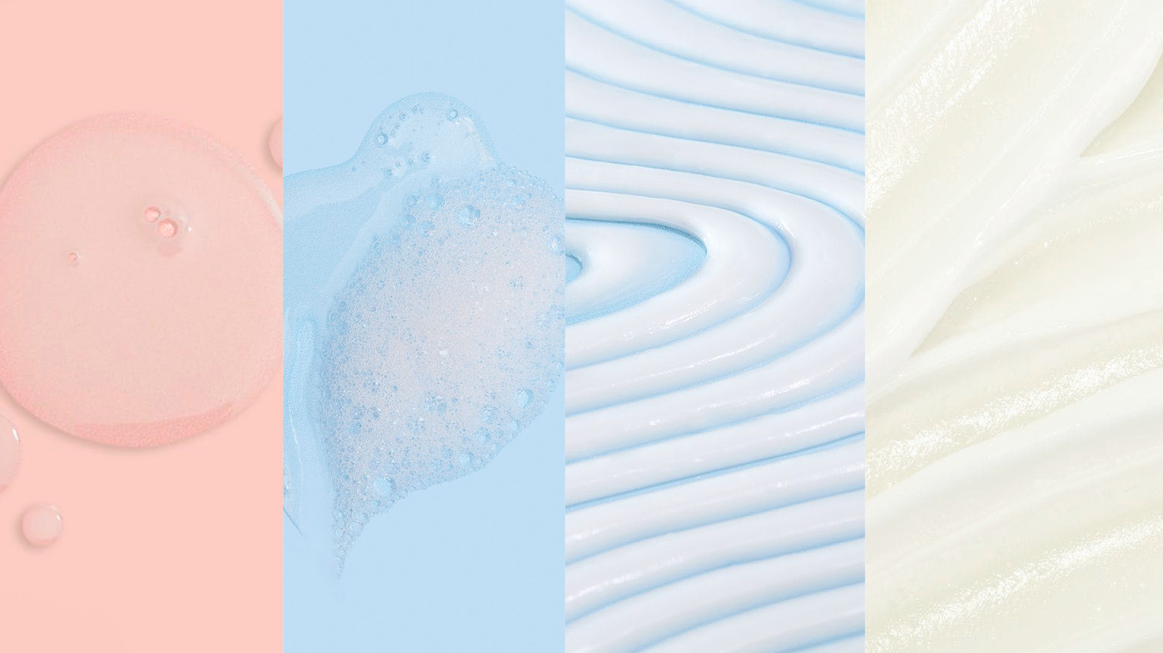 Cuatro texturas diferentes de espuma de jabón sobre un fondo rosa, azul, blanco y beige.