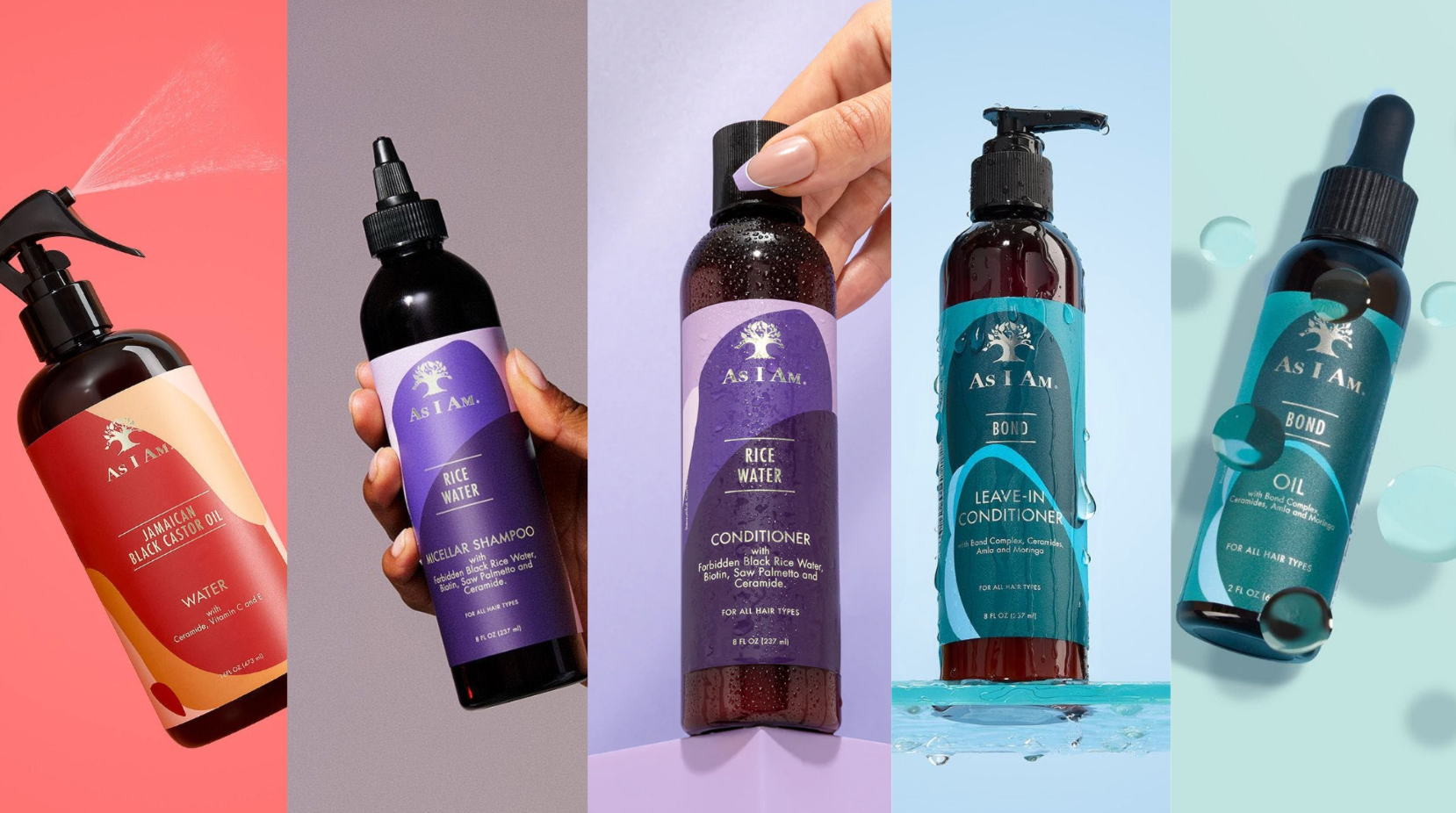 Colección de productos para el cuidado del cabello As I Am sobre un fondo colorido.