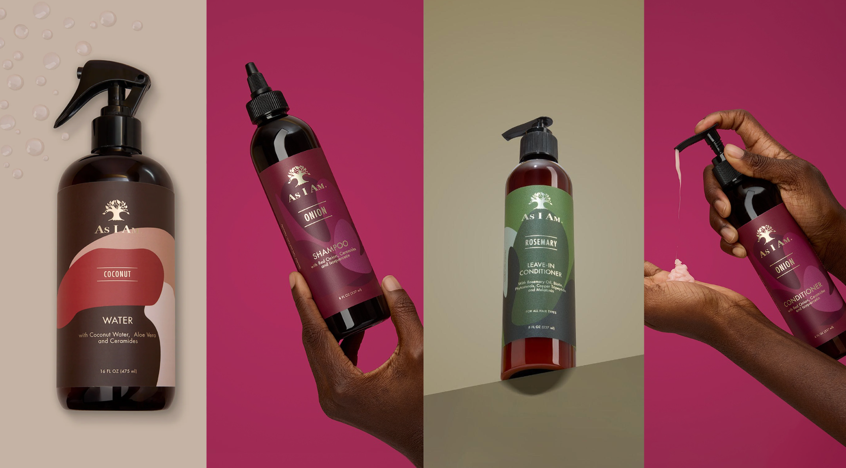 Conjunto de productos para el cuidado del cabello con botellas y una mano sosteniendo una, sobre diversos fondos.