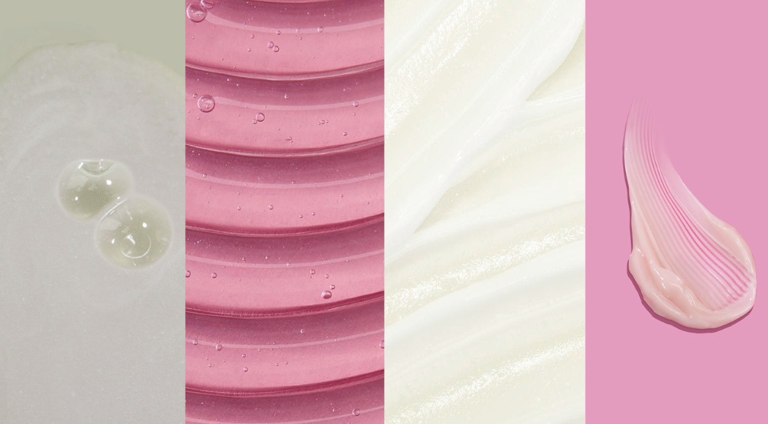 Collage de texturas y patrones rosas y blancos.