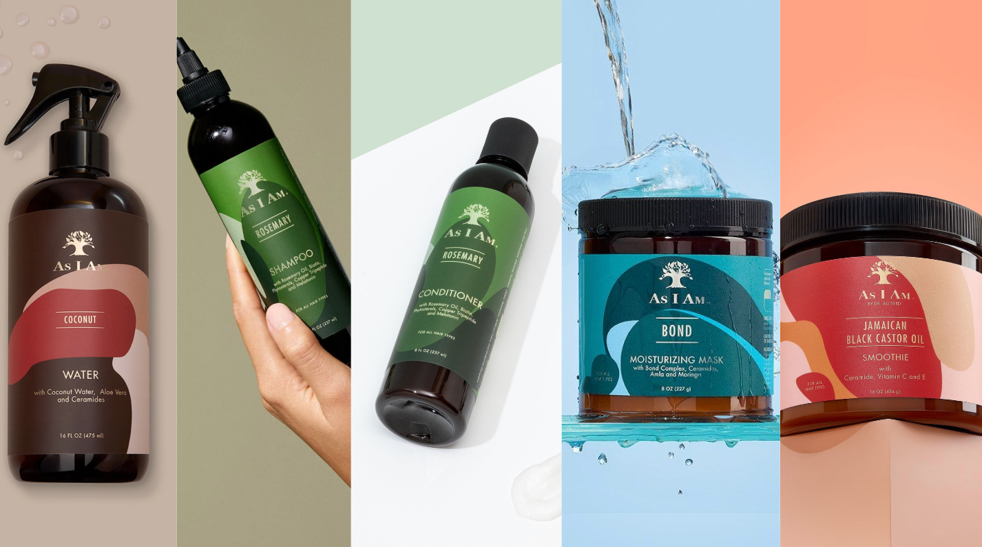 Colección de productos para el cuidado del cabello, incluyendo botellas y frascos sobre un fondo collage.