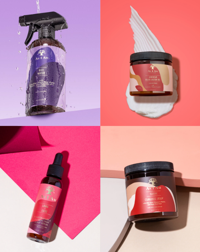 Collage de productos para el cuidado de la piel con fondo morado, rosa y blanco.