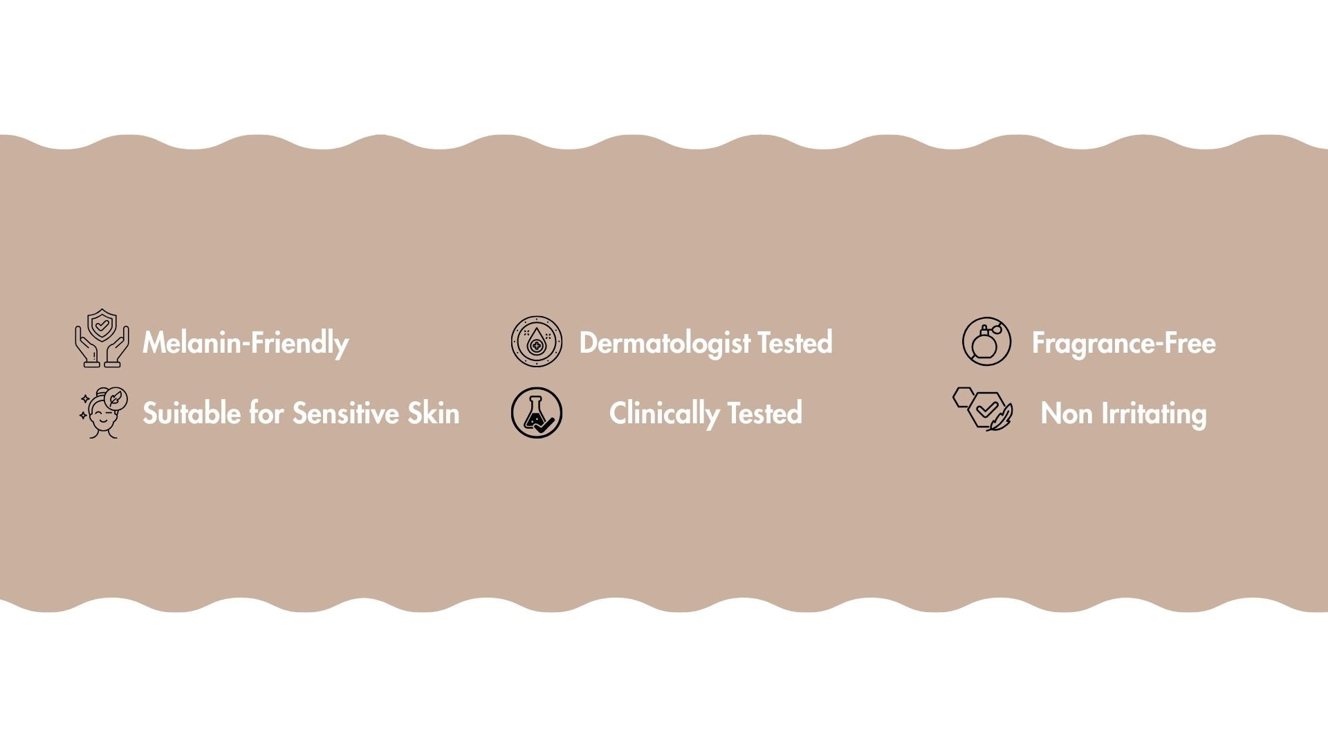 Borde beige con iconos y texto que indican las características del producto sobre un fondo blanco.